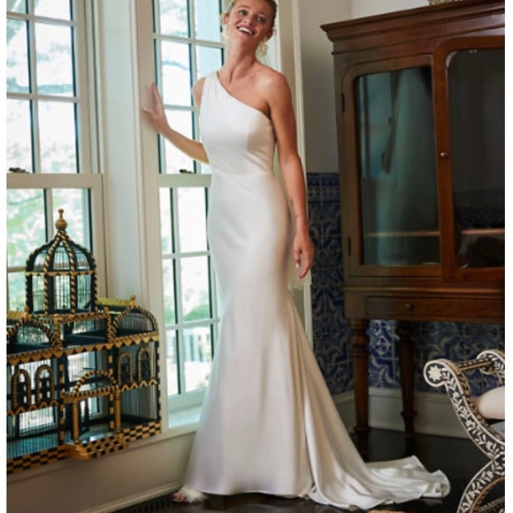 Amsale BHLDN One Shoulder Satin Wedding Dress - Picture 1 of 7